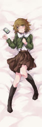 10s 1boy absurdres bad_id bad_pixiv_id bed black_socks blush brown_hair crossdressing danganronpa:_trigger_happy_havoc danganronpa_(series) fujisaki_chihiro green_eyes highres kneehighs lying male_focus matsukura_nemu open_mouth pda school_uniform short_hair skirt socks solo trap