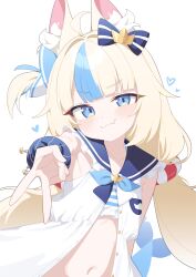 1girl absurdres ahoge animal_ears bikini bikini_under_clothes blonde_hair blue_bikini blue_eyes blue_hair blue_sailor_collar blush dot_nose dress fang fins fish_girl fish_tail heart highres honi_(honi1010) indie_virtual_youtuber long_hair looking_at_viewer multicolored_hair navel open_clothes open_dress sailor_collar sameko_saba simple_background skin_fang smile solo streaked_hair striped_bikini striped_clothes swimsuit tail v very_long_hair virtual_youtuber white_background white_dress