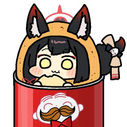 1girl alternate_costume animal_ears blue_archive blush chibi chips_(food) doodle_sensei_(blue_archive) eating flying_sweatdrops food food_costume fox_ears fox_girl fox_tail halo holding holding_phone in_container jazz_jack looking_at_viewer lowres phone potato potato_chips pringles_can red_halo sensei_(blue_archive) snack solo tail wakamo_(blue_archive)