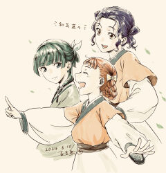 3girls blue_eyes bow brown_eyes brown_hair chinese_clothes closed_eyes dated green_hair hair_bow hair_rings hanfu highres kusuriya_no_hitorigoto long_hair long_sleeves maomao_(kusuriya_no_hitorigoto) multiple_girls open_mouth pointing purple_hair shisui_(kusuriya_no_hitorigoto) short_bangs standing white_background xiaolan_(kusuriya_no_hitorigoto) yoakedori914moz