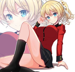Rule 34 | 1girl, ass, black skirt, blonde hair, blue eyes, blush, braid, breasts, closed mouth, darjeeling (girls und panzer), girls und panzer, highres, kumaisao, large breasts, looking at viewer, military uniform, miniskirt, pleated skirt, skirt, smile, solo, st. gloriana&#039;s military uniform