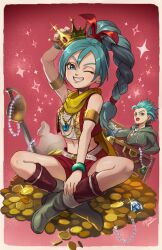 1boy 1girl aqua_eyes aqua_hair armlet bag bead_necklace beads belt blue_eyes blue_gemstone blue_hair boots border bow bracelet braid braided_ponytail breasts brother_and_sister brown_boots camus_(dq11) coin commentary_request cropped_shirt cross-laced_clothes crown diamond_(gemstone) dragon_quest dragon_quest_xi earrings gem gold_armlet gold_coin gold_earrings green_tunic grin hair_bow hoop_earrings indian_style janis_(hainegom) jewelry looking_at_another looking_at_viewer maya_(dq11) midriff navel necklace one_eye_closed open_mouth planted planted_sword planted_weapon ponytail red_background red_bow red_gemstone red_shorts red_socks red_vest scarf shirt shorts siblings signature single_bang sitting small_breasts smile socks sparkle spiked_hair sword treasure treasure_chest tunic vest weapon white_belt white_border white_shirt yellow_scarf yellow_trim