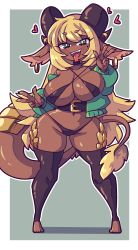 1girl absurdres animal_ears belt bikini black_thighhighs blonde_hair breasts bright_pupils commission curvy daigada dark-skinned_female dark_skin dragon_ears dragon_girl dragon_horns dragon_tail earrings fangs forked_tongue green_eyes heart highres hood hoodie horn_ornament horn_ring horns jewelry large_breasts long_hair micro_bikini mole mole_under_eye naughty_face navel no_nose open_clothes open_hoodie open_mouth original pyrite_(ironbunz) scales short_eyebrows shortstack smile solo swimsuit tail thick_thighs thighhighs thighs toeless_legwear tongue tongue_out underbust v very_long_hair wide_hips