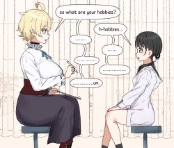 ... 2girls ahoge aiu404l blonde_hair breasts egg_(aiu404l) from_side large_breasts long_sleeves multiple_girls original short_hair sitting speech_bubble spoken_ellipsis talking therapist_(aiu404l)