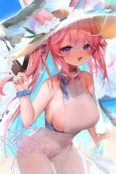 1girl ahoge animal_ears bad_source bare_shoulders beach bird blue_bow blue_hair blue_ribbon blush bow bracelet breasts character_name cloud cloudy_sky collar collared_shirt colored_inner_hair covered_navel day dress food fox_ears fox_girl gradient_hair hair_between_eyes hair_ribbon hand_up hat highres holding holding_food holding_ice_cream ice_cream indie_virtual_youtuber jewelry large_breasts long_bangs long_hair looking_at_viewer multicolored_hair ocean official_art open_mouth outdoors pink_hair purple_eyes ribbon seagull see-through_clothes see-through_dress shirt sideboob sidelocks sky sleeveless sleeveless_dress solo standing straw_hat teeth teletha_(vtuber) upper_teeth_only very_long_hair virtual_youtuber white_dress