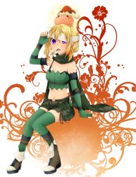 1girl :3 belt blindfold blindfold_lift blonde_hair blush boots bra_strap breasts brown_belt brown_boots camouflage camouflage_scarf camouflage_shorts cleavage commentary_request creature_on_head elbow_gloves fingerless_gloves floral_background full_body gloves green_gloves green_scarf green_shorts green_thighhighs green_tube_top hat highres large_breasts looking_at_viewer meiko_(nattu303) midriff navel open_fly open_mouth poring purple_eyes ragnarok_online ranger_(ragnarok_online) santa_hat scarf short_hair shorts sitting slime_(creature) solo strapless thighhighs tube_top white_background