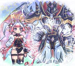 1girl 250en_remon animal_ears armor bare_shoulders closed_mouth duel_monster evil_hero_neos_lord gradient_hair hair_intakes maliss_&lt;p&gt;_white_rabbit multicolored_hair purple_eyes rabbit_ears rabbit_girl showgirl_skirt sidelocks spiked_hair_ornament standing sweatdrop thighhighs twintails yu-gi-oh! yu-gi-oh!_master_duel