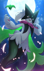 commentary_request falling_petals furry hands_up highres looking_down meowscarada moon night nintendo open_mouth outdoors petals pink_eyes pokemon pokemon_(creature) pokemon_focus rumine_(yoshi1234567) sky solo tongue