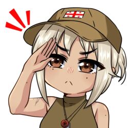 1girl :&lt; blonde_hair breasts brown_eyes dog_tags georgian_flag green_shirt halterneck hat jewelry korzynka_persykiv medium_breasts mole necklace nika_(usergore) non-web_source original peaked_cap ponytail russo-ukrainian_war salute scar scar_on_arm serious shiny_eyes shirt short_hair sleeveless sleeveless_shirt solo tan transparent_background
