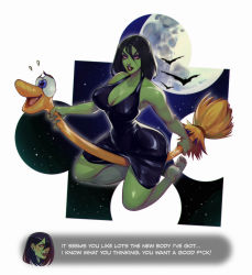1girl alternate_form bad_end banjo-kazooie barefoot bat_(animal) black_dress black_hair breasts broom broom_riding colored_skin commentary covered_erect_nipples curvy dialogue_box dress english_commentary english_text eyeshadow flying full_body full_moon green_skin gruntilda&#039;s_broomstick gruntilda_winkybunion highres large_breasts lipstick looking_at_viewer makeup moon narrow_waist paid_reward_available plantar_flexion plunging_neckline profanity purple_eyeshadow puzzle_piece red_eyes red_lips revision short_dress short_hair soles solo star_(symbol) star_symbol_background toes vero witch