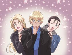 1boy 2girls ;d amuro_tooru beeemaru02 black_hair black_jacket blonde_hair blue_eyes blue_sweater ear_piercing gradient_background hand_on_another&#039;s_shoulder highres hood hood_down hoodie jacket long_hair long_sleeves looking_at_viewer low_ponytail meitantei_conan meitantei_conan_kurogane_no_submarine mizunashi_rena multiple_girls one_eye_closed open_mouth piercing ponytail purple_background short_hair smile star_(symbol) star_symbol_background sweatdrop sweater upper_body vermouth_(meitantei_conan)