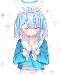 Rule 34 | 1girl, absurdres, arona (blue archive), blue archive, blue hair, blue halo, blue shirt, blush, bow hairband, braid, choker, closed eyes, colored inner hair, commentary, hair over one eye, hairband, halo, highres, long sleeves, multicolored hair, own hands together, sailor collar, school uniform, setteiset, shirt, short hair, single braid, skirt, solo, sparkle, white background, white choker, white hairband, white sailor collar, white skirt