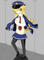 Rule 34 | absurdres, blonde hair, cosplay, flat chest, girls&#039; frontline, highres, long hair, long sleeves, looking at viewer, monogatari (series), non-web source, original, oshino shinobu, pantyhose, school uniform, serbu super-shorty, super-shorty (girls&#039; frontline), super-shorty (girls&#039; frontline) (cosplay), vampire