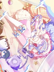 1girl black_hair blue_bow blue_eyes bow bow_legwear calendar_(object) capelet character_doll closed_eyes colored_inner_hair commentary_request corded_phone cotton=utopia_(love_live!) doll frilled_pillow frills fur-trimmed_gloves fur-trimmed_socks fur_capelet fur_shorts fur_trim gloves grey_hair highres hugging_doll hugging_object link!_like!_love_live! love_live! lying multicolored_hair murano_sayaka official_alternate_costume on_bed on_side phone pillow red_hair sakari_(pear_8_ll) short_hair shorts sleeping socks solo star_(symbol) streaked_hair stuffed_animal stuffed_sheep stuffed_toy virtual_youtuber white_gloves white_shorts white_socks yugiri_tsuzuri