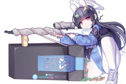 1girl black_hair blue_archive blue_leotard blunt_bangs bolt_action bright_pupils closed_mouth commentary english_commentary grey_halo gun halo holding holding_gun holding_weapon hot_vr leaf leaf_on_head leotard long_hair long_sleeves looking_at_viewer miyu_(blue_archive) mosin-nagant pantyhose pixiv_username red_eyes rifle simple_background solo subscribestar_username weapon white_background white_pantyhose white_pupils