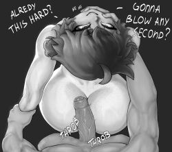 1boy 1girl ahoge amber_(vammzu) anger_vein ass ass_freckles body_freckles borrowed_character buttjob english_text freckles grabbing_another&#039;s_arm hand_on_another&#039;s_chin head_back heart imminent_penetration large_penis laughing looking_up monochrome original penis pov smile spoken_heart teasing teeth thick_eyebrows tonka_kryga upper_teeth_only