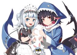 2girls absurdres alternate_breast_size animal_hood black_hair breasts chain colored_inner_hair commentary_request cosplay costume_switch crossover ellen_joe ellen_joe_(cosplay) fins fish_tail frown gawr_gura gawr_gura_(cosplay) hair_ornament heart_hands_failure highres hololive hololive_english hood maid maid_headdress multicolored_hair multiple_girls mushi_gyouza red_hair shark_girl shark_hair_ornament shark_hood shark_tail sharkboo_(zenless_zone_zero) small_breasts streaked_hair tail thumbs_up trait_connection two-tone_hair two_side_up usada_pekora usada_pekora_(cosplay) virtual_youtuber wrist_cuffs zenless_zone_zero