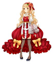 Rule 34 | 1girl, arch bishop (ragnarok online), black shoes, black thighhighs, blonde hair, blush, bow, breasts, cleavage cutout, closed mouth, clothing cutout, commentary request, cross, cross print, dress, dress bow, fishnet thighhighs, fishnets, flower, frilled dress, frilled sleeves, frills, full body, hair flower, hair ornament, hairband, long hair, looking at viewer, meiko (nattu303), official alternate costume, pink flower, ragnarok online, red dress, red hairband, shoes, simple background, small breasts, smile, solo, standing, thighhighs, two-tone dress, wavy hair, white background, white dress, yellow bow, yellow eyes