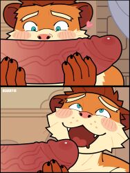 2boys absurdres animal_ears artist_name bearry19 blush choi_yuhee_(xxl) claws commentary derivative_work drooling english_commentary fangs furry furry_male heart highres implied_incest looking_at_penis looking_up male_focus mouth_drool multiple_boys open_mouth topless_male weasel_boy weasel_ears whiskers xxl_woofia