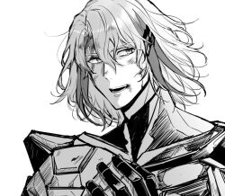 1boy armor bruise fate/grand_order fate_(series) greyscale hair_between_eyes hair_ornament hairclip helmet holding holding_helmet injury itokon300 looking_at_viewer male_focus monochrome odysseus_(fate) open_mouth short_hair simple_background teeth upper_body white_background