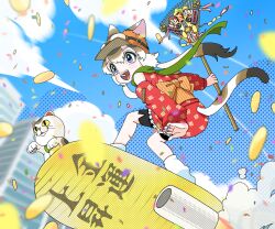 Rule 34 | 1girl, animal ears, black eyes, black shorts, blue sky, cat ears, cat tail, coin, fingernails, fujishima moyu, gold, gold coin, highres, holding rake, japanese clothes, koban (gold), long sleeves, maneki-neko, open mouth, original, rake, riding, shorts, sky, smoke, socks, solo, squatting, tail, white socks