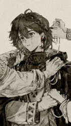 Rule 34 | 1boy, 4others, ateveryone, blood from ears, brushing another&#039;s hair, brushing hair, coat, comb, earrings, grey background, greyscale, hand on another&#039;s shoulder, highres, holding, holding comb, holding hands, jewelry, long hair, looking to the side, low ponytail, male focus, monochrome, multiple others, name day (reverse:1999), parted lips, ponytail, reverse:1999, shirt, solo focus, tooth earrings, tying another&#039;s hair