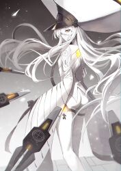 1girl absurdres ass blue_archive blunt_bangs bodysuit floating_hair g1_(user_tjwy5444) gloves hair_between_eyes hat helmet highres long_hair looking_at_viewer looking_back malkuth_(blue_archive) solo standing very_long_hair white_hair yellow_eyes
