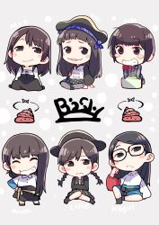 3: 6+girls :3 ^_^ bandana bish black_dress black_eyes black_hair black_headwear black_skirt blue_skirt blush_stickers brown_hair character_name chibi closed_eyes commentary_request crossed_arms dress frown glasses grey_background grey_legwear grin group_name half-closed_eyes hat highres long_hair long_sleeves multiple_girls pantyhose pinafore_dress pirate_hat poop real_life shirt short_hair skirt sleeveless_dress smile standing striped suitcase taneda_yuuta vertical_stripes white_shirt