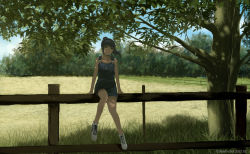 1girl artist_name black_hair dead-robot fence field green_eyes looking_at_viewer original outdoors overall_shorts overalls ponytail scenery sitting solo tan tree