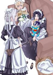 3boys alternate_costume alternate_hairstyle apron black_dress black_shoes blonde_hair blue_eyes blush book chips_(food) cloud_strife collared_dress couch crossdressing dress duster eating enmaided fang feather_duster final_fantasy final_fantasy_vii food frilled_apron frills gasp grey_hair hair_bun hands_on_own_hips highres holding holding_book keiseki1 laundry_basket long_sleeves maid maid_apron maid_day maid_headdress male_focus male_maid mary_janes multiple_boys on_couch open_mouth pantyhose potato_chips puffy_sleeves sephiroth shoes short_hair sitting skin_fang spiked_hair standing surprised sweatdrop zack_fair
