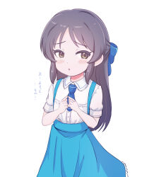 1girl alternate_costume blue_bow blue_necktie blue_skirt blush_stickers bow brown_eyes cowboy_shot dot_nose frilled_skirt frills grey_hair hair_bow highres idolmaster idolmaster_cinderella_girls index_fingers_together long_hair long_skirt looking_to_the_side necktie onion_(lemlaml) own_hands_together parted_lips shirt short_sleeves sidelocks simple_background skirt solo suspender_skirt suspenders tachibana_arisu translation_request white_background white_shirt