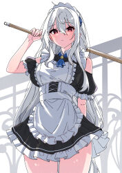 1girl absurdres ahoge alternate_costume apron arknights arm_up ascot bare_shoulders black_dress blue_ascot blush breasts broom clothing_cutout collared_dress commentary cowboy_shot dress english_commentary enmaided expressionless frilled_apron frilled_dress frills from_below hair_between_eyes highres holding holding_broom large_breasts long_hair long_sidelocks looking_at_viewer maid maid_headdress puffy_short_sleeves puffy_sleeves red_eyes short_dress short_sleeves shoulder_cutout sidelocks skadi_(arknights) solo thighs tsume3mai very_long_hair white_apron white_background white_hair white_headdress