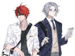 2boys ahoge alternate_costume aotsuki_eito black_hair blue_eyes closed_mouth collarbone glasses japanese_text long_sleeves looking_at_viewer male_focus messy_hair multiple_boys necktie notepad parted_hair red_hair sumino_takumi the_hundred_line_-last_defense_academy- upper_body white_background white_hair