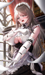 1girl @_@ absurdres apron azur_lane black_dress bookshelf breasts charybdis_(azur_lane) cleavage commission dress elbow_gloves gloves grey_eyes grey_hair highres kirisamede_gzr large_breasts long_hair maid maid_headdress open_mouth skeb_commission solo white_apron white_gloves