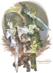 1boy aged_down arm_up belt black_footwear black_gloves black_jacket black_pants blue_eyes brown_belt brown_hair chain chain_necklace character_name cloud cloudy_sky commentary_request cropped_jacket dated dated_commentary dissidia_final_fantasy expressionless facing_to_the_side final_fantasy final_fantasy_viii full_body fur-trimmed_jacket fur_trim gloves gunblade happy_birthday hinokami holding_behind_back holding_weapon_behind_back jacket jewelry kingdom_hearts light_smile long_sleeves looking_at_viewer medium_hair midriff_peek multiple_belts multiple_views necklace open_clothes open_jacket pants planted planted_sword planted_weapon scar scar_on_face shirt short_hair sky squall_leonhart squatting studded_belt sword t-shirt thigh_strap time_paradox v-neck waist_cape weapon white_fur white_shirt yellow_shirt