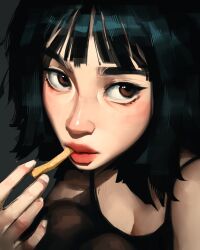 Rule 34 | 1girl, black hair, black pantyhose, black tank top, breasts, brown eyes, cleavage, close-up, closed mouth, commentary, eating, highres, medium breasts, original, pantyhose, red lips, sam yang, solo, tank top