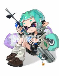 1girl black_neckerchief black_sailor_collar black_shorts blue_hair brown_shoes closed_mouth e-liter_4k_(splatoon) earclip full_body highres holding holding_weapon inkling inkling_girl inkling_player_character loafers long_sleeves loose_socks miko_(15476997) neckerchief nintendo pink_eyes pointy_ears sailor_collar sailor_shirt sample_watermark shirt shoes short_hair shorts sitting smile socks solo splatoon_(series) stuffed_squid tentacle_hair watermark weapon white_background white_shirt white_socks