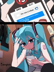1girl absurdres bongfill captcha downcast_eyes green_eyes green_hair hair_between_eyes hair_ornament hand_on_own_head hatsune_miku highres holding holding_phone jacket nail_polish necktie phone sidelocks sleeveless twintails vocaloid