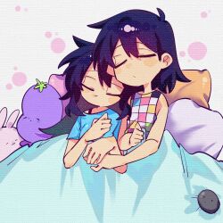 1boy 1girl aubrey_(headspace)_(omori) aubrey_(omori) blanket blue_shirt closed_eyes closed_mouth forest_bunny_(omori) highres huasuan69416 kel_(headspace)_(omori) kel_(omori) long_hair mr._plantegg_(omori) omori pet_rock purple_hair shirt short_hair short_sleeves t-shirt tank_top under_covers