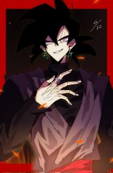 1boy black_bodysuit bodysuit dougi dragon_ball dragon_ball_super earrings goku_black grin jewelry long_sleeves looking_down potara_earrings red_sash ring saiyan sash smile smirk solo spiked_hair v621