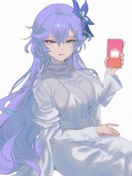 1girl :p adversarial_noise blue_eyes blue_flow breasts cantarella_(wuthering_waves) cellphone commentary dress facial_mark flower grey_background grey_shirt hair_between_eyes hair_flower hair_ornament hashtag-only_commentary highres holding holding_phone invisible_chair large_breasts long_hair long_sleeves looking_at_viewer mark_under_eye mole mole_under_eye nininininil official_alternate_costume phone purple_hair shirt sitting smartphone solo tongue tongue_out very_long_hair white_dress wuthering_waves
