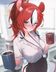 1girl alternate_costume anger_vein animal_ear_fluff animal_ears black_hair black_skirt blue_eyes blurry blurry_background blush breasts cleavage closed_mouth collared_shirt colored_tips commentary cup dice_hair_ornament earrings english_commentary hair_between_eyes hair_ornament hakos_baelz highres holding holding_cup hololive hololive_english hoop_earrings implied_extra_ears incoming_drink jewelry long_sleeves looking_at_viewer medium_breasts medium_hair miniskirt mouse_ears mouse_girl mouse_tail multicolored_hair nose_blush office_lady partially_unbuttoned pencil_skirt ponytail pov red_hair shirt shirt_tucked_in sk_jynx skirt solo streaked_hair tail three-quarter_sleeves virtual_youtuber white_hair white_shirt