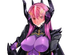 Rule 34 | 1girl, armor, assault visor, blue eyes, bodysuit, breasts, covered erect nipples, dark reica, fake horns, frown, game cg, gentle sasaki, headgear, helmet, horned helmet, horns, large breasts, large variant set, long hair, looking at viewer, non-web source, official art, pink hair, purple bodysuit, shindou hatsune, skin tight, solo, soukou senki prism reica, transparent background, upper body, variant set
