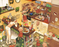 1girl :3 _/ analog_clock animal arm_up arms_up arrow_(symbol) barefoot bench bento bird blouse blue_fire book bookshelf bottle bow brick_wall brown_eyes cabbage cabinet cake cameo candy carrot cheesecake chocolate_syrup clock clothed_animal clover coffee commentary_request cooking copyright_request counter crown cup day dishes donut drawing_(object) drinking_glass duck egg_(food) english_text faucet fern fire flower flower_pot food fork four-leaf_clover fried_egg from_above fruit frying_pan glass headscarf highres holding holding_food holding_fruit honey honeypot indoors jar kitchen kitchen_hood ladle leaning_forward magnet messy_hair milk milk_carton miniskirt motor_vehicle mushroom open_mouth original oven pancake picture_frame pink_shirt pixiv plant plate polka_dot potted_plant pudding rabbit radish reaching reclining recycle_bin recycling_symbol red_headscarf refrigerator salt_shaker sausage shelf shirt short_hair sink skirt sleeping slice_of_life smile soap soap_bottle spatula spoon standing stool stove strap_slip sunny_side_up_egg syrup tank_top teapot teeth text_focus tile_floor tiles tiptoes tomato towel translation_request van wall_clock water_tap wheel white_skirt window wrapper wreath yuko666