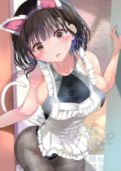 Rule 34 | 1girl, animal ears, apron, black hair, black one-piece swimsuit, brown eyes, cat ears, cat tail, commentary request, competition swimsuit, grey pantyhose, highres, leaning forward, ogata tei, one-piece swimsuit, original, pantyhose, pantyhose under swimsuit, short hair, signature, solo, swimsuit, tail, two-tone swimsuit, white apron