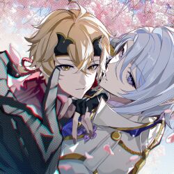 Rule 34 | 2boys, ahoge, black gloves, blonde hair, blue hair, cherry blossoms, fake horns, fingerless gloves, from above, genshin impact, gloves, hair between eyes, hand on another&#039;s chest, high collar, highres, horns, jacket, kamisato ayato, long bangs, looking at viewer, looking back, male focus, medium hair, mole, mole under mouth, molibaiyunwuxin, multiple boys, outdoors, portrait, purple eyes, purple nails, sky, smile, thoma (genshin impact), white jacket, yellow eyes