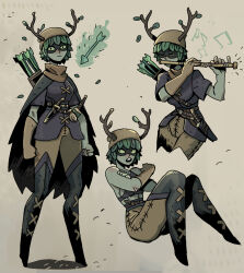 1girl adventure_time arrow_(projectile) blue_shirt boots branch brown_pants colored_skin crossed_arms eye_mask flute gloves green_eyes green_hair green_skin hair_branch highres ho-uja holding holding_flute holding_instrument huntress_wizard instrument knee_boots korean_commentary looking_at_viewer mixed-language_commentary multiple_views musical_note pants plant_hair playing_flute playing_instrument quiver sheath sheathed shirt short_sleeves simple_background single_glove
