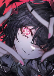 1girl 33_gaff ;) absurdres black_hair black_ribbon blurry blurry_foreground collared_shirt commentary feathers finger_frame hair_between_eyes hat highres looking_at_viewer neck_ribbon one_eye_closed pink_nails portrait red_background red_eyes red_hat ribbon ringed_eyes shameimaru_aya shirt short_hair smile solo tokin_hat touhou white_shirt