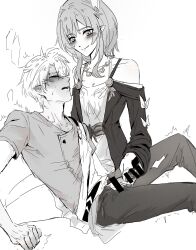 1boy 1girl ahoge bar_censor blush censored coat commentary_request cyrene_(honkai:_star_rail) dress greyscale handjob hetero highres honkai:_star_rail honkai_(series) medium_hair monochrome pants penis phainon_(honkai:_star_rail) pointy_ears shirt short_hair smile yindongmec