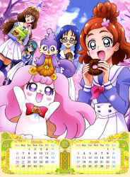 4girls :d absurdres amanogawa_kirara april aroma_(go!_princess_precure) artist_request bird blue_eyes blue_hair bow brown_hair calendar cherry_blossoms chocolate_donut dog donut food glasses go!_princess_precure haruno_haruka highres kaidou_minami long_hair march multiple_girls nanase_yui official_art open_mouth pastry_box pink_bow pleated_skirt precure puff_(go!_princess_precure) purple_eyes red_bow sailor_collar school_uniform short_hair skirt smile thighhighs twintails white_sailor_collar white_skirt